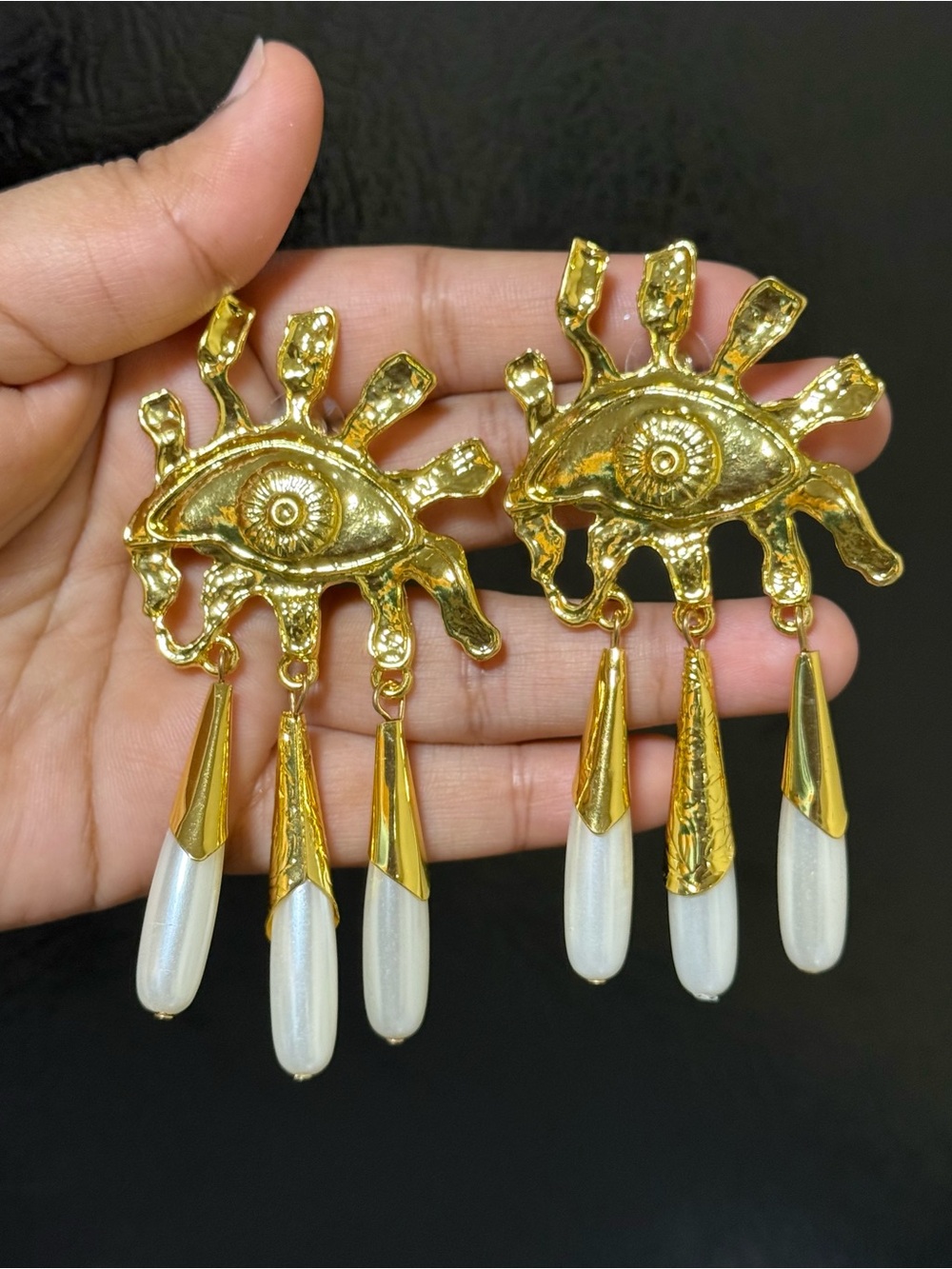 Schiaparelli Inspired Gold Eye Drop Earrings with White Pearl Teardrops